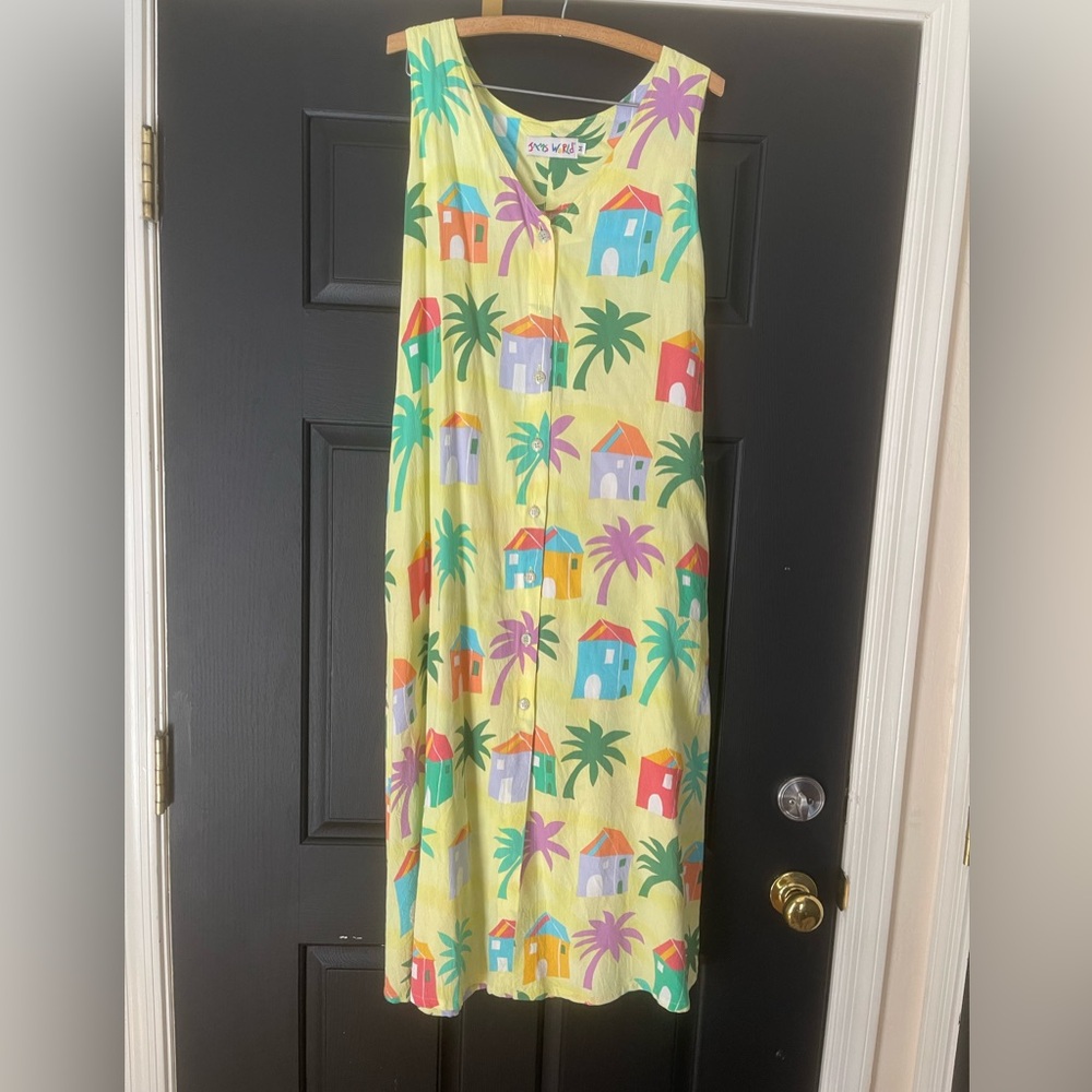 Vintage Jams World House Print Dress Pockets Resort Vacation Summer
